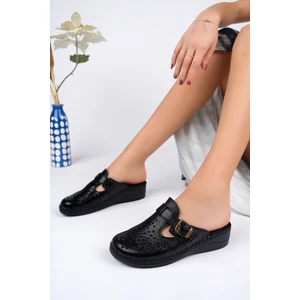 Kadın Siyah Hakiki Deri Ortopedik Sabo Terlik