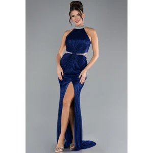 Halter Yaka Bacak Dekolteli Uzun Simli Abiye ABU4324