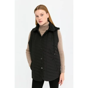 Kadın Kapüşonlu Yan Cepli Kapitone Yelek Siyah