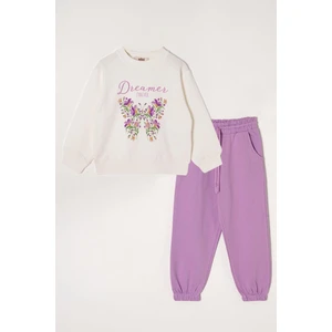 Dreamer Kelebek Baskılı Ekru-Koyu Lila  Renk Kız Çocuk Eşofman Takımı