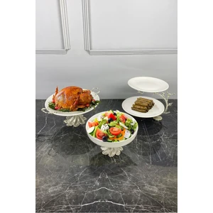 May Home Porselen Kand Ayaklı 3'lü Sofra Sunum Servis Seti & Kase Kulplu Tepsi 2 Katlı Kurabiyelik Tabak