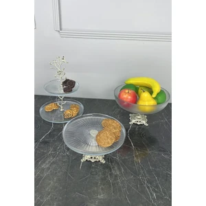 May Home 3 'lü Ayaklı Cam Sunumluk Servislik Seti & Kurabiyelik Meyve Kurabiye Pasta Tatlı Kase Tabak Seti