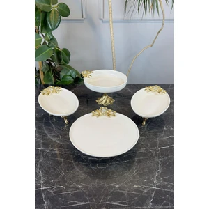 May Home 4 Parça Bron Gold Porselen Sofra Sunum Servis Seti & Yemek Tabağı Salata Kasesi Oval Meze Tabağı