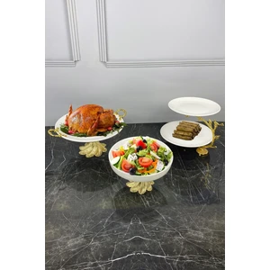 May Home Porselen Kand Ayaklı 3'lü Sofra Sunum Servis Seti & Kase Kulplu Tepsi 2 Katlı Kurabiyelik Tabak