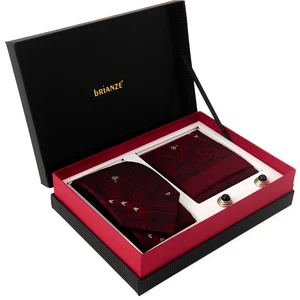 Bordo Beyaz Şal Desen Kravat Mendil Kol Düğmesi Hediyelik Set