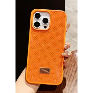 Paladyum Case Apple iPhone 16 Pro Uyumlu Elmas Pırlanta Taşlı Turuncu Kılıf
