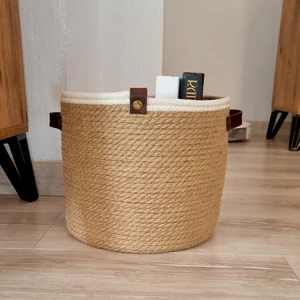 Deri Saplı Jüt Hasır Sepet, Çok Amaçlı Sepet, Saksı Sepeti, Organizer, Hasır Düzenleyici
