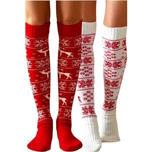 Kadın 2 Renkli Yeni Yıl Temalı Kar Tanesi Desenli Diz Üstü Çorap