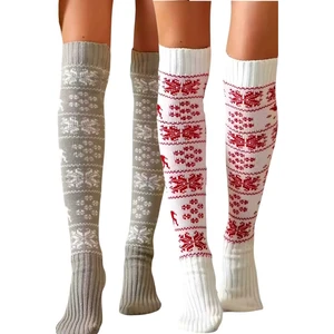 Kadın 2 Renkli Yeni Yıl Temalı Kar Tanesi Desenli Diz Üstü Çorap