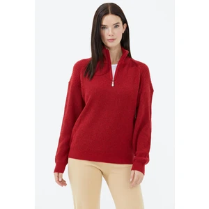 Yarım Balıkçı Yaka  Fermuarlı Yün Triko Kazak - Kırmızı