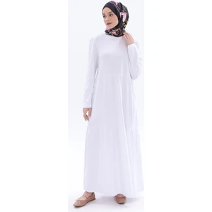 Beyaz-Pamuklu Fırfırlı Cepli Penye Elbise