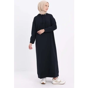 Lacivert-Kapüşonlu Örme Elbise