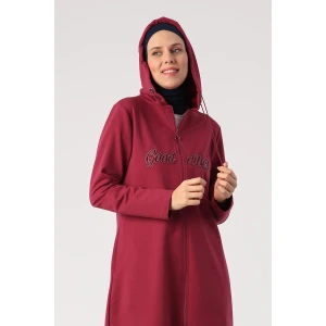 Koyu Bordo-Aplike Nakışlı Çift Kordonlu Kapüşonlu Hırka
