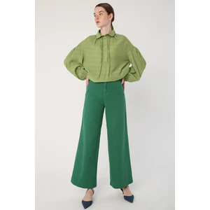 YEŞIL-%100 Pamuk Bol Paça Cepli Pantolon