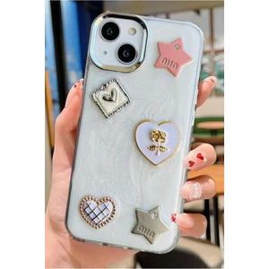 3gen Case Apple iPhone 14 Plus & iPhone 15 Plus Uyumlu 3D Taş Kurdele Kelebek Kalp Işleme Motifli Sert Kapak