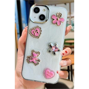 3gen Case Apple iPhone 14 Plus & iPhone 15 Plus Uyumlu 3D Taş Kurdele Kelebek Kalp Işleme Motifli Sert Kapak