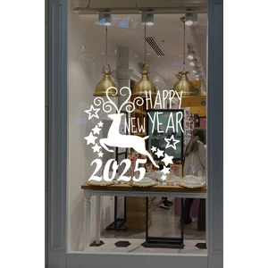 Geyik ve Happy New Year 2025 Yılbaşı Süslemeleri Yeni Yıl Vitrin Cam Sticker