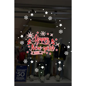 Happy New Year 2025 Yazısı Kar Taneleri ve Yılbaşı Ağacı Vitrin Süslemeleri 70X70CM