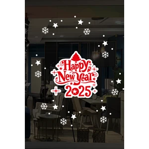 Happy New Year 2025 Yazısı Kar Taneleri ve Yılbaşı Vitrin Stickerları 70X70CM