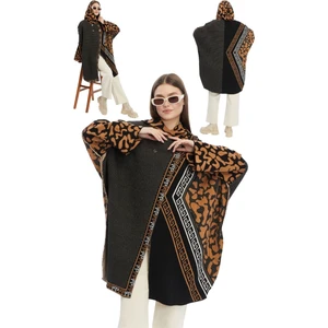 Maruf Shop Kadın Büyük Bedene Uygun Kapüşonlu Kışlık Kalın Leopar Desenli Panço
