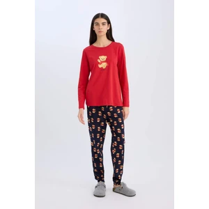 Fall in Love Pijama Takımı Uzun Kollu Ayıcık Baskılı Üst Esnek Belli Desenli Pijama Alt E0227AX24WN
