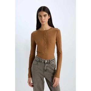 Slim Fit Dar Kesim Bisiklet Yaka Fitilli Kaşkorse Uzun Kollu Tişört D9555AX24WN