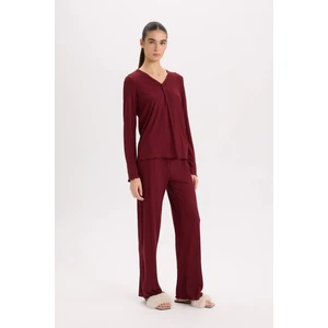 Fall in Love Pijama Takımı V Yaka Düğmeli Ribana Uzun Kollu Üst Beli Lastikli Geniş Paça Alt D2273AX24WN