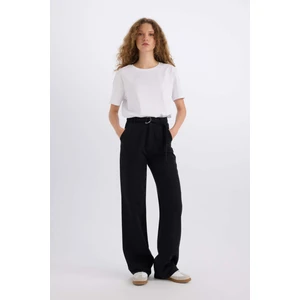 Wide Leg Çift Cepli Yüksek Bel Basic Düz Standart Boy Kemerli Modal Siyah Pantolon D4467AX24AU
