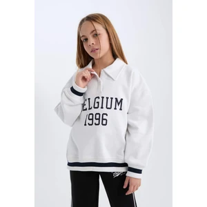 Kız Çocuk Oversize Geniş Kalıp Polo Yaka Baskılı İçi Yumuşak Tüylü Sweatshirt D3497A824WN