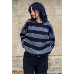 Touz Moda Gri Siyah Çizgili Streetwear Oversize Kazak