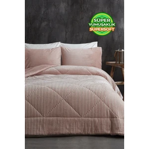 Evlen Home Collection Sherpa Çift Taraflı Yorgan Seti ( Uyku Seti ) Çift Kişilik 3 Parça Pudra