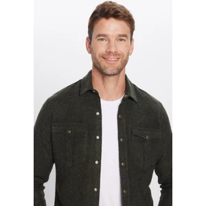 Erkek Slim Fit Dar Kesim Oduncu Çift Cepli Kapaklı Düz Haki Kışlık Gömlek