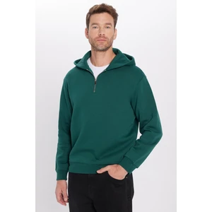 Relax Fit Rahat Kesim Pamuklu Içi Polarlı Yarım Fermuarlı Haki Kapüşonlu Sweatshirt