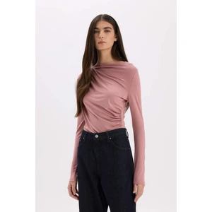 Slim Fit Dar Kesim Kayık Yaka Basic Düz Uzun Kollu Bluz D5300AX24AU