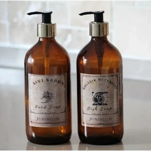 JUNİBELİW 2'li Set Gold Vintage Cam Şişe Bulaşık Deterjanlık Sıvı Sabunluk Etiketli 2X500 ml