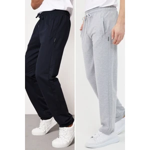 Metalıc Gri-Lacivert Erkek Düz Paça Cep Fermuar Detaylı Rahat Kesim 2'li Eşofman Altı Paketi