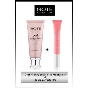 Note Cosmetics 3 in 1 Healthy Skin Tinted Ton Eşitleyici 50 SPF Krem & BB Lip Corrector Dudak Parlatıcısı 02 Pembe Makyaj Seti