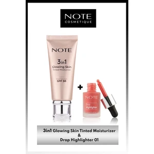 Note Cosmetics 3 İn 1 Glowing Skin Tinted Işıltılı 50 Spf Krem & Drop Highlighter 01 Likit Aydınlatıcı Makyaj Seti
