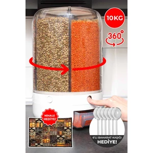 10 kg Kapasiteli Gıda ve Bakliyat, 6 Gözlü, Organizeri 360 Derece Dönebilen, Baharat Kaşığı ve Nihale Hediye