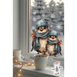 Sevimli Yılbaşı Yeni Yıl Kuşları ve Kar Taneleri Sticker Seti, Çift Taraflı Yılbaşı Cam Sticker Seti