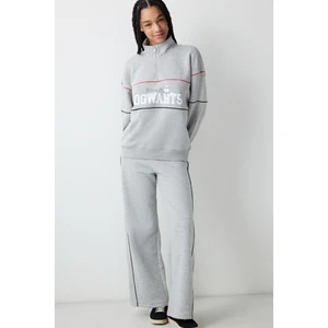 Gri Melanj Yarım Fermuarlı Harry Potter Baskılı Sweatshirt