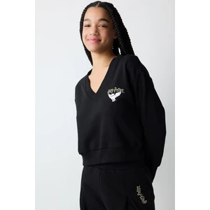 Siyah V Yaka Harry Potter Baskılı Sweatshirt