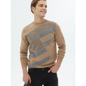 Deve Tüyü Bisiklet Yaka Desenli Yün Karışımlı Triko