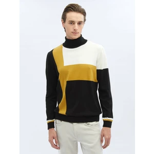 Siyah Tam Balıkçı Yaka Desenli Pamuk Karışımlı Triko Kazak