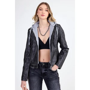 Kapüşonlu Suni Deri Crop Biker Ceket