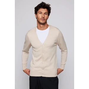 Erkek Slim Fit Düğmeli Düz Pamuk Bej Hırka