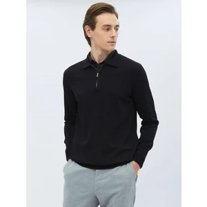 Siyah Polo Yaka Düz Örgü Triko Kazak
