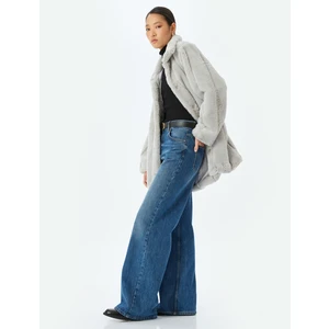 Cepli Dik Yaka Kruvaze Suni Kürk Kaban