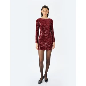 Yuvarlak Yaka Uzun Kollu Slim Fit Mini Pullu Payetli Kalem Elbise