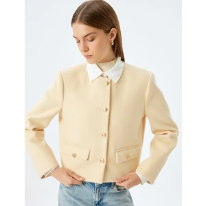 Crop Blazer Ceket Yakasız Kapaklı Çift Cep Detaylı Slim Fit